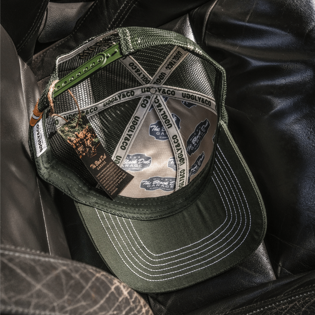 Uggly and Co Black Dub Garage Trucker Hat – Green and Beige Vintage Cap