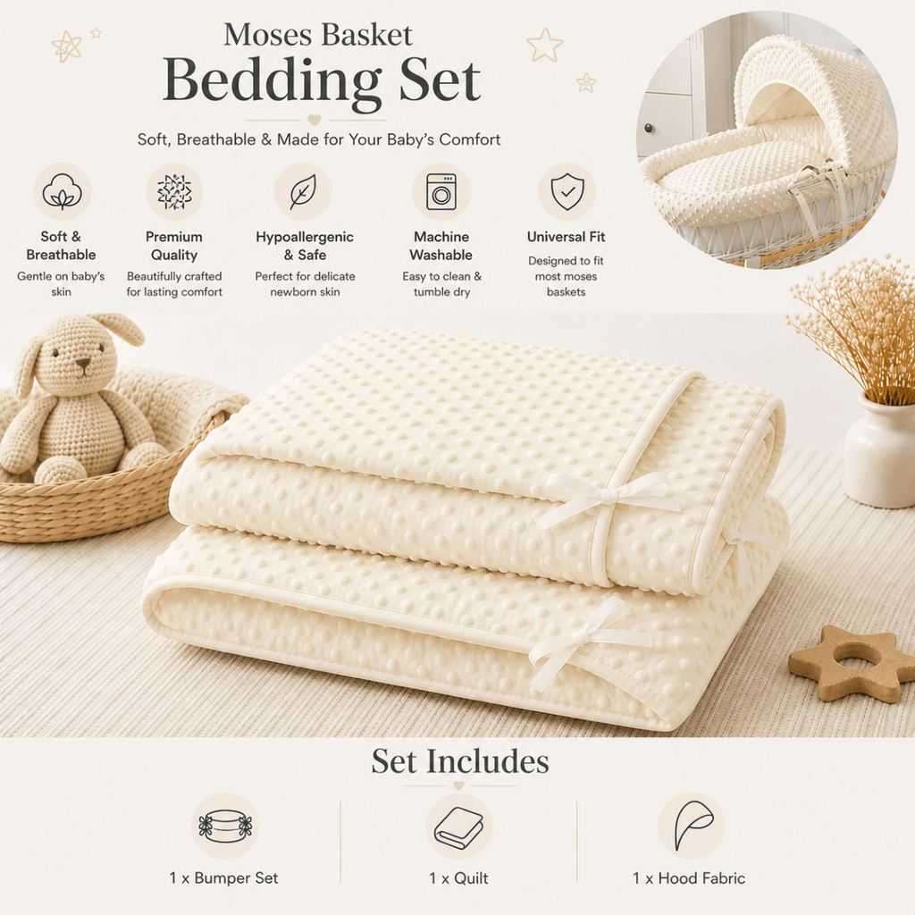 For Your Little One Cream Dimple Moses Basket Bedding Set with Liner