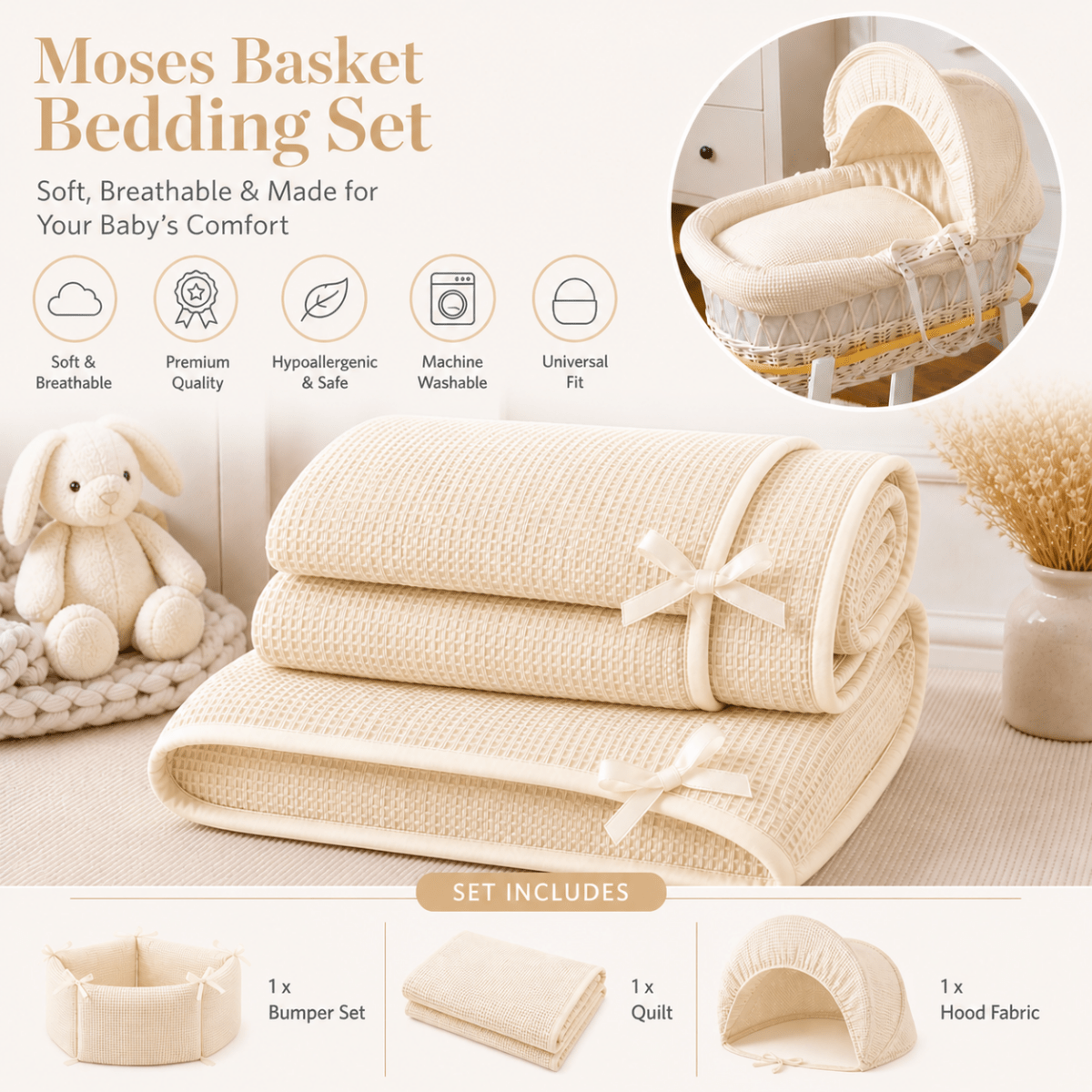For Your Little One Cream Waffle Moses Basket Bedding Set | 3-Piece