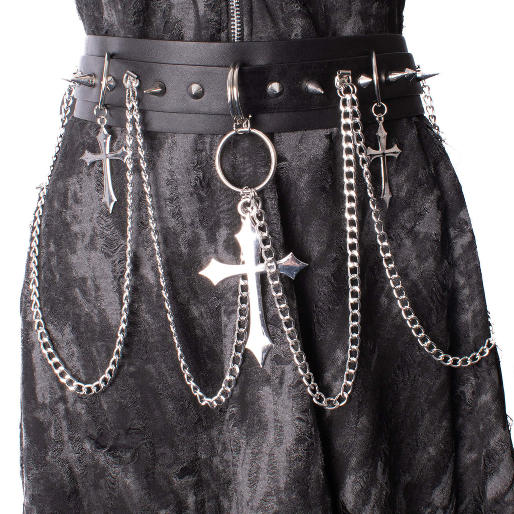 Heartless Crucifix Belt – Black Faux Leather Gothic Chain & Stud Belt