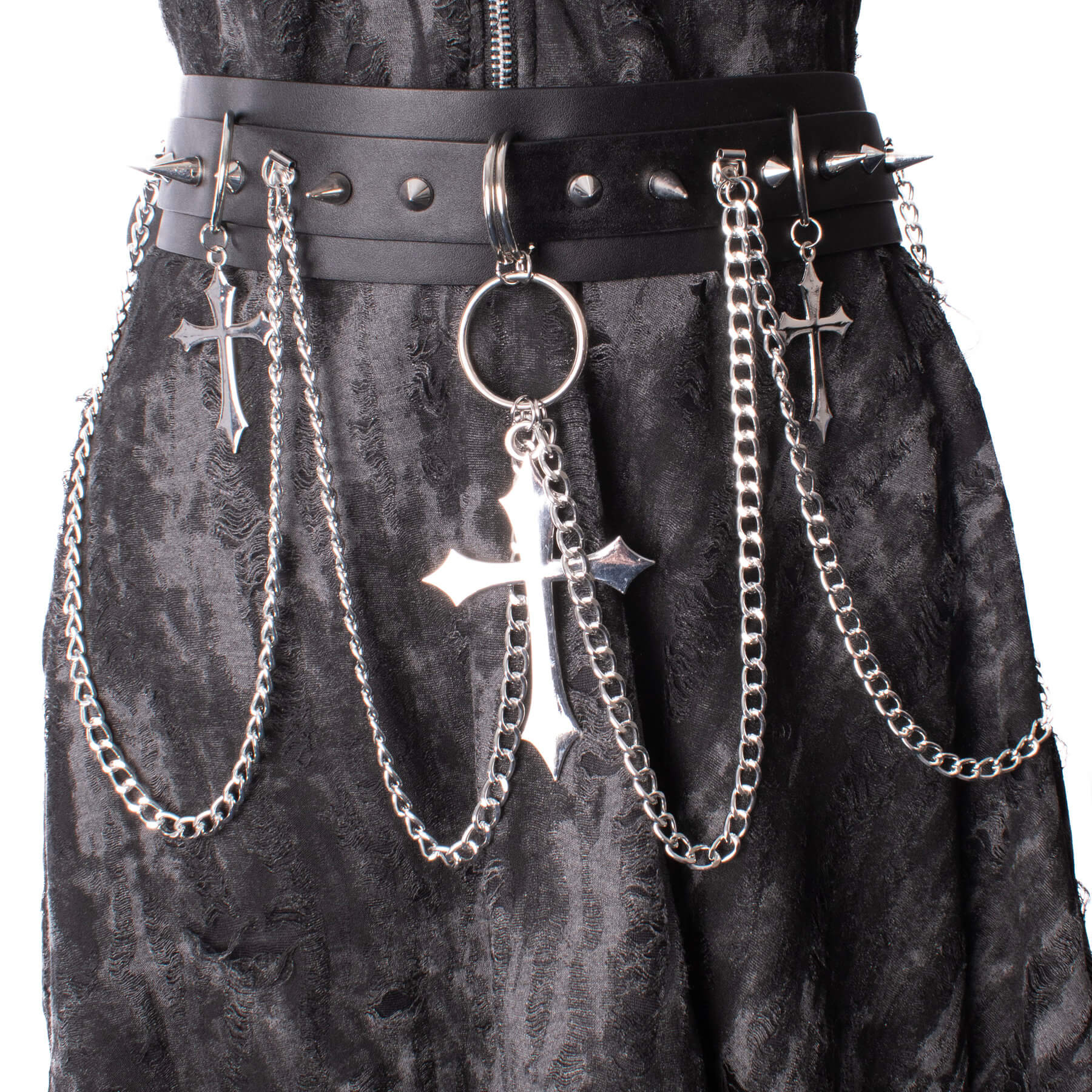 Heartless Crucifix Belt – Black Faux Leather Gothic Chain & Stud Belt