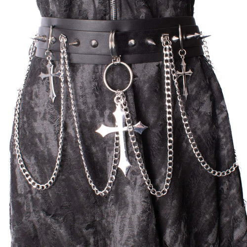 Heartless Crucifix Belt – Black Faux Leather Gothic Chain & Stud Belt