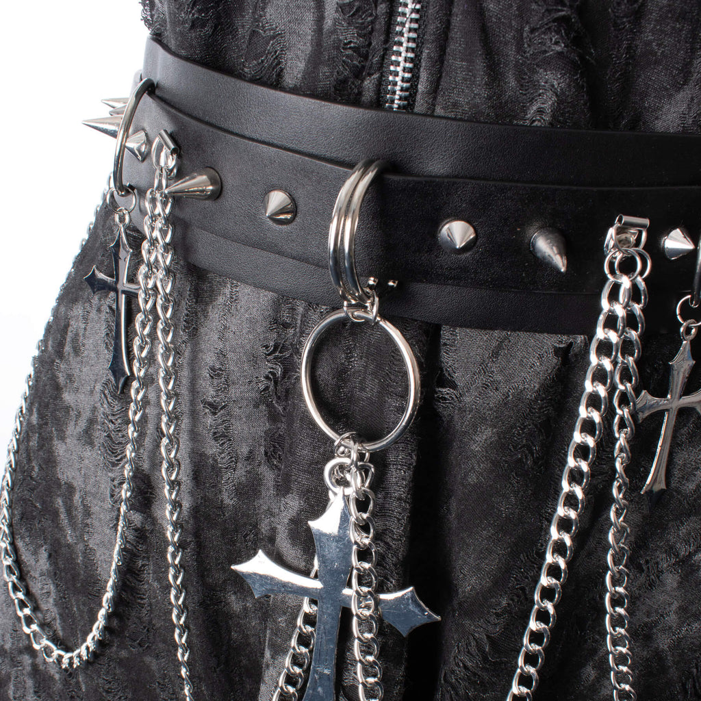 Heartless Crucifix Belt – Black Faux Leather Gothic Chain & Stud Belt