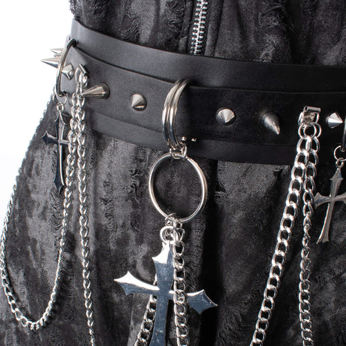 Heartless Crucifix Belt – Black Faux Leather Gothic Chain & Stud Belt