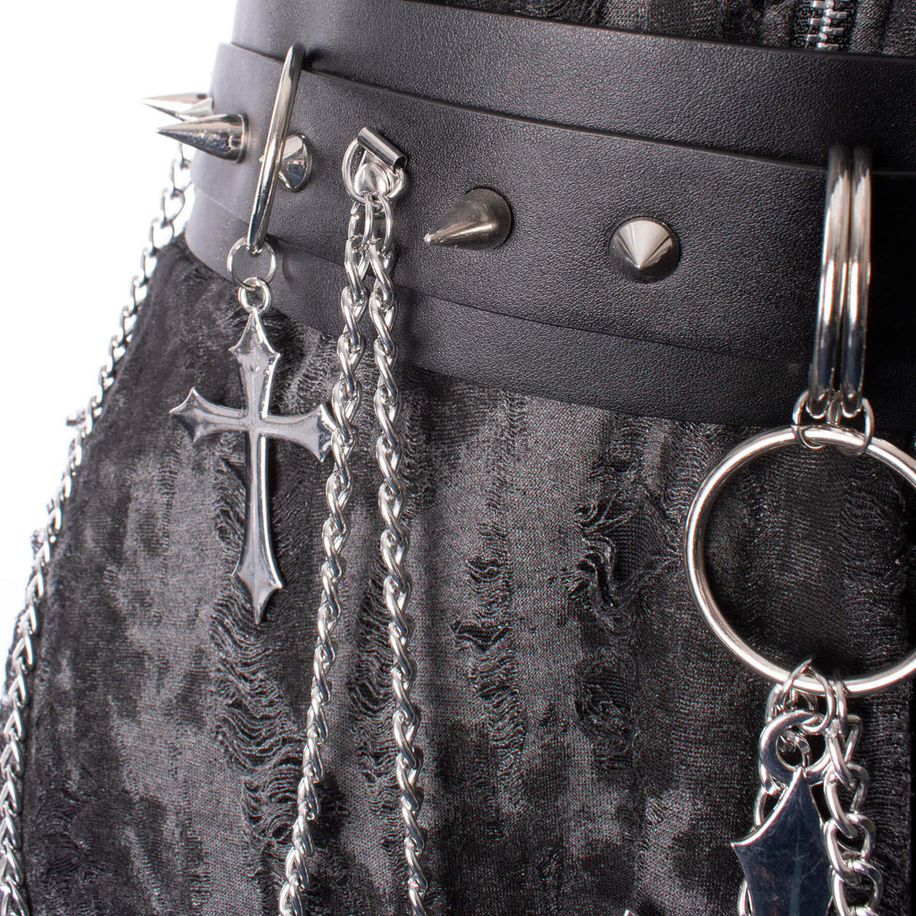 Heartless Crucifix Belt – Black Faux Leather Gothic Chain & Stud Belt