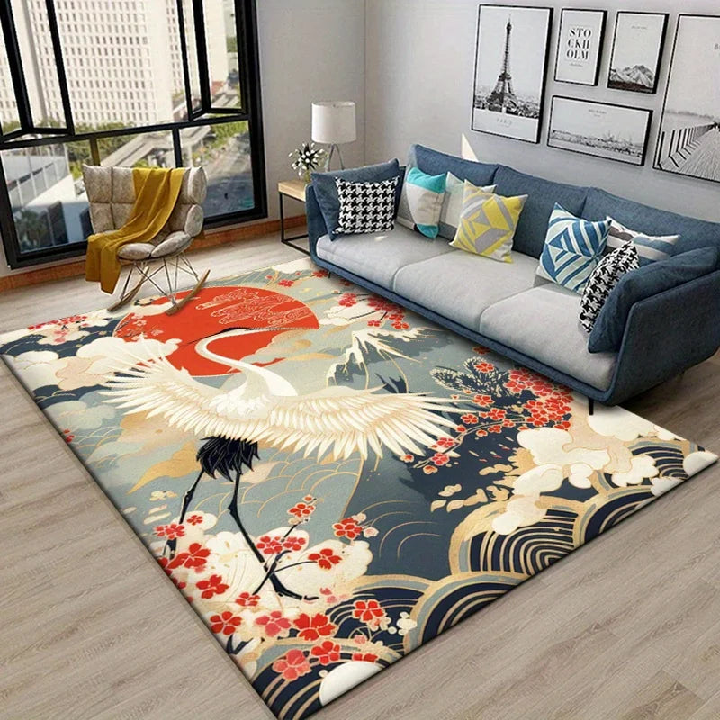 Red-Crowned Crane Velvet Rug – Oriental Art-Inspired Non-Slip Area Carpet for Living Room or Bedroom