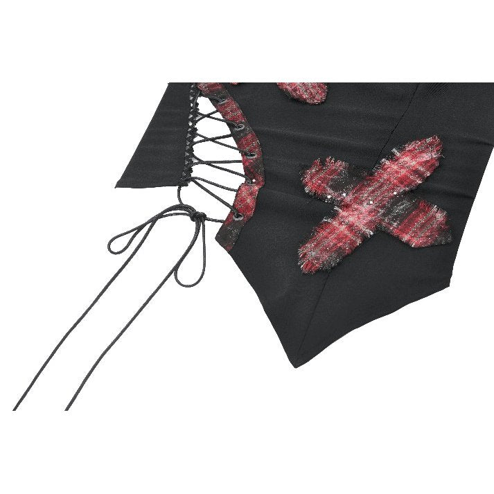 Dark in Love Punk Plaid Cross Strap Top – Red Tartan Corset Style