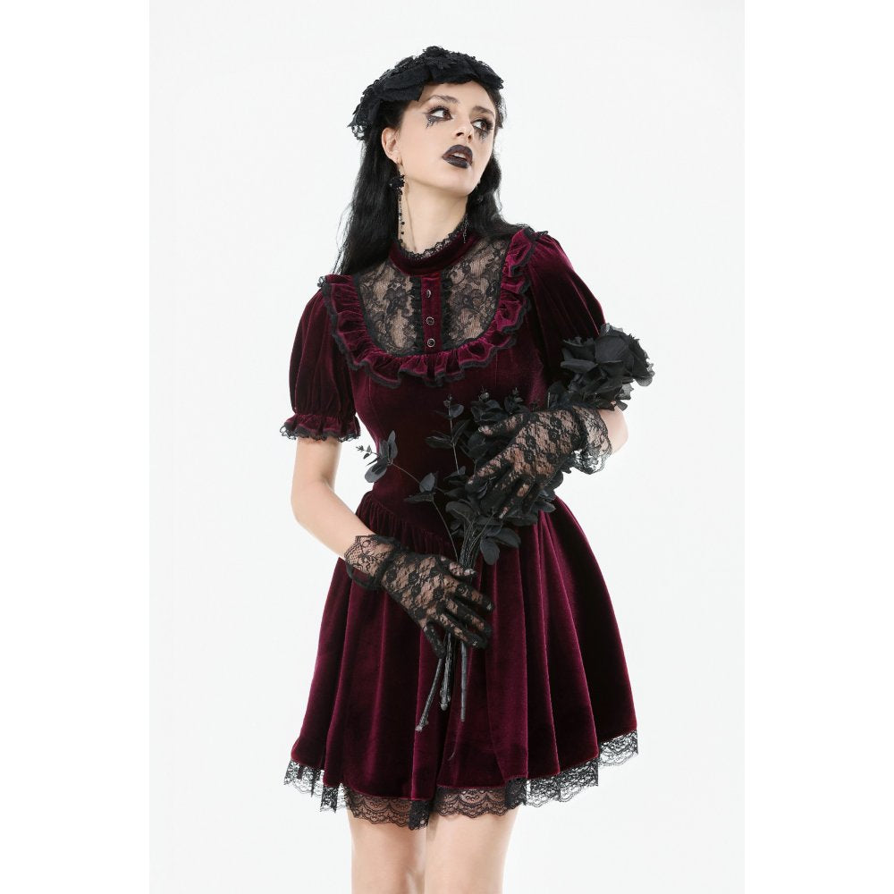 Dark in Love Ophelia Burgundy Velvet Goth Dress with Lace Collar