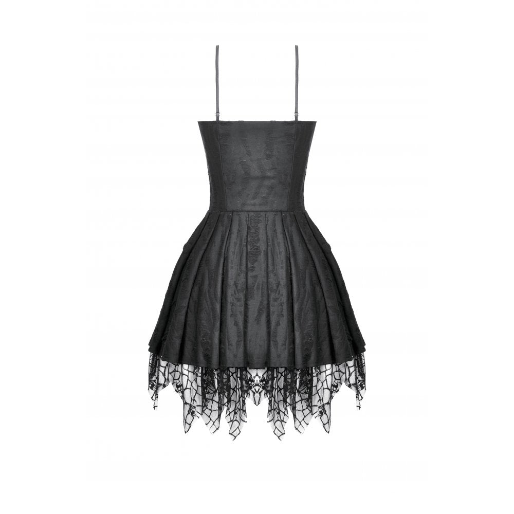 Dark in Love Mortalis Goth Dress – Black Lace-Up Spiderweb Hem