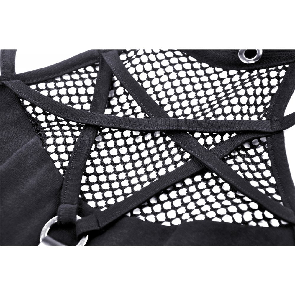 Dark in Love Enyo Goth Halter Top – Black Mesh & Faux Leather