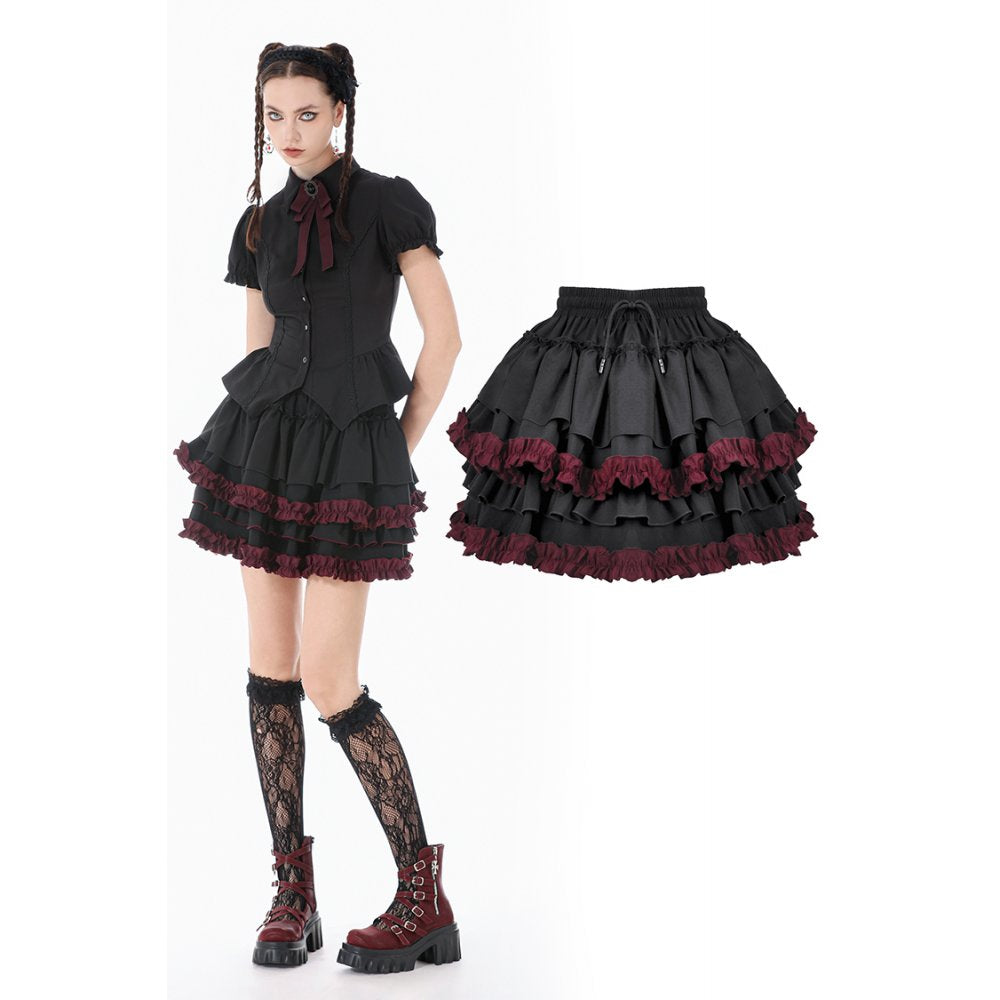 Dark in Love Black & Crimson Gothic Tiered Ruffle Mini Skirt