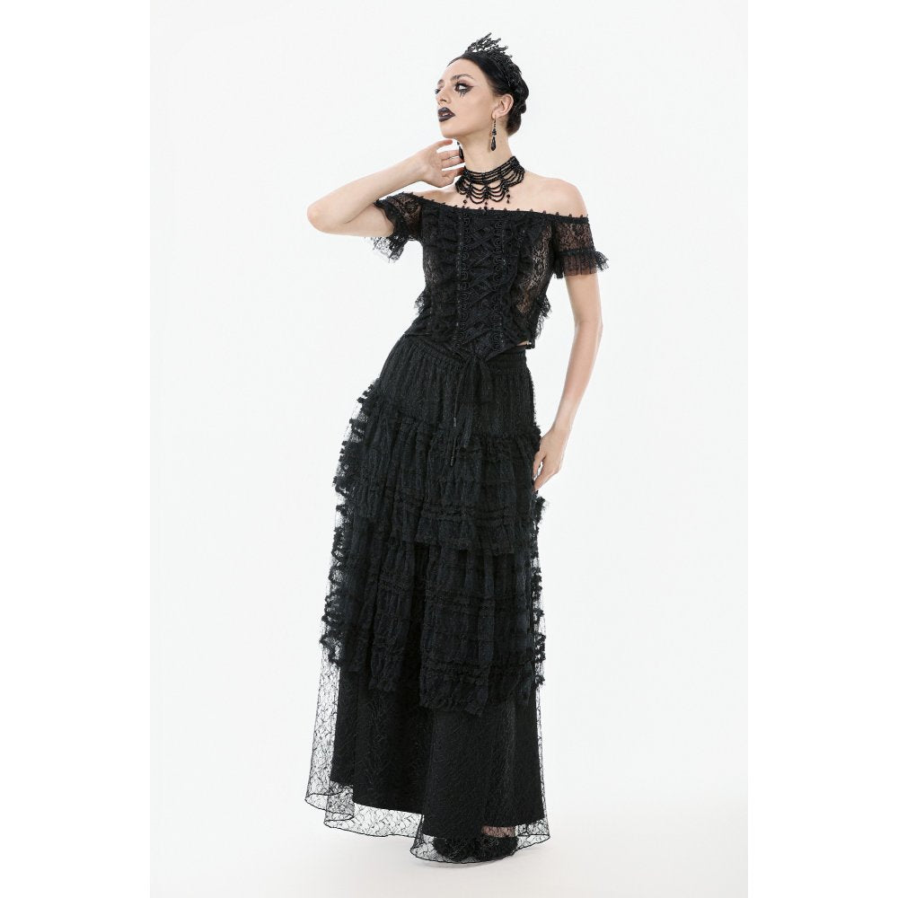 Dark in Love Morticia Gothic Velvet & Lace Tiered Skirt in Black