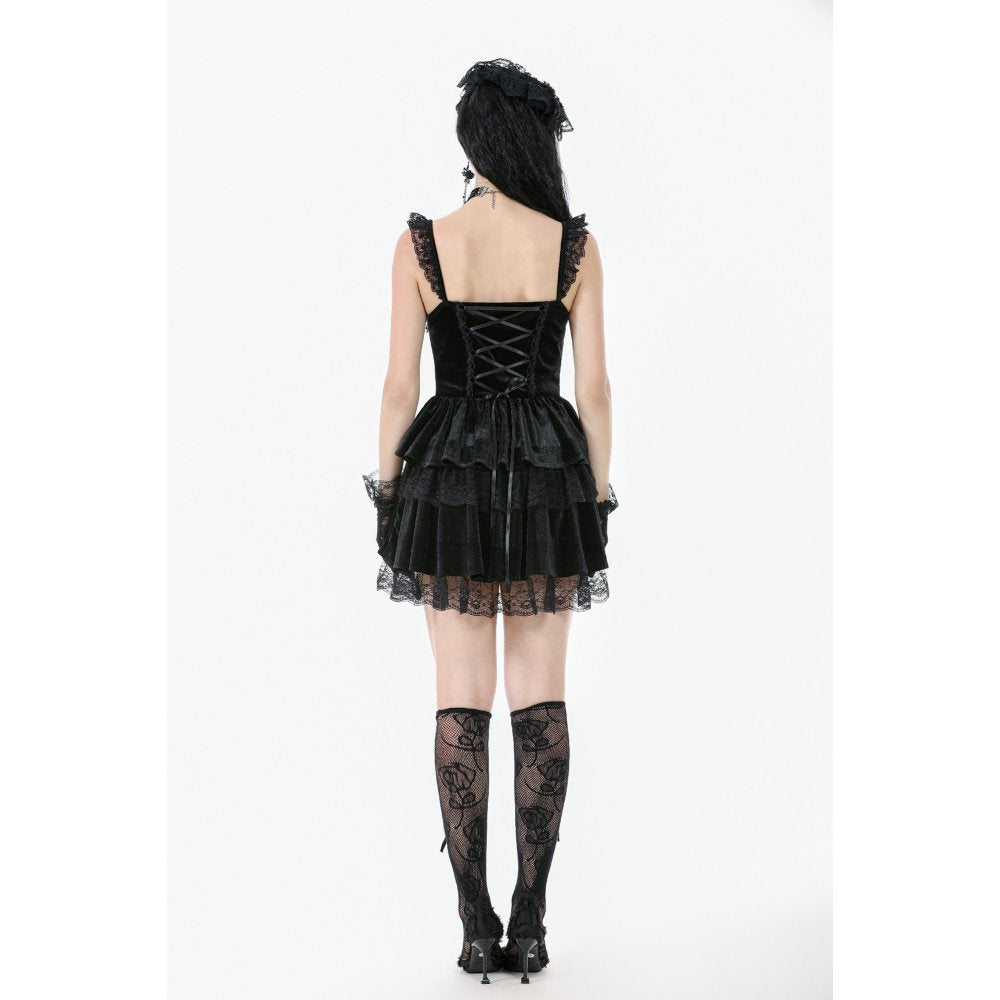 Dark in Love Nocturne Black Velvet Lace Ruffled Goth Dress