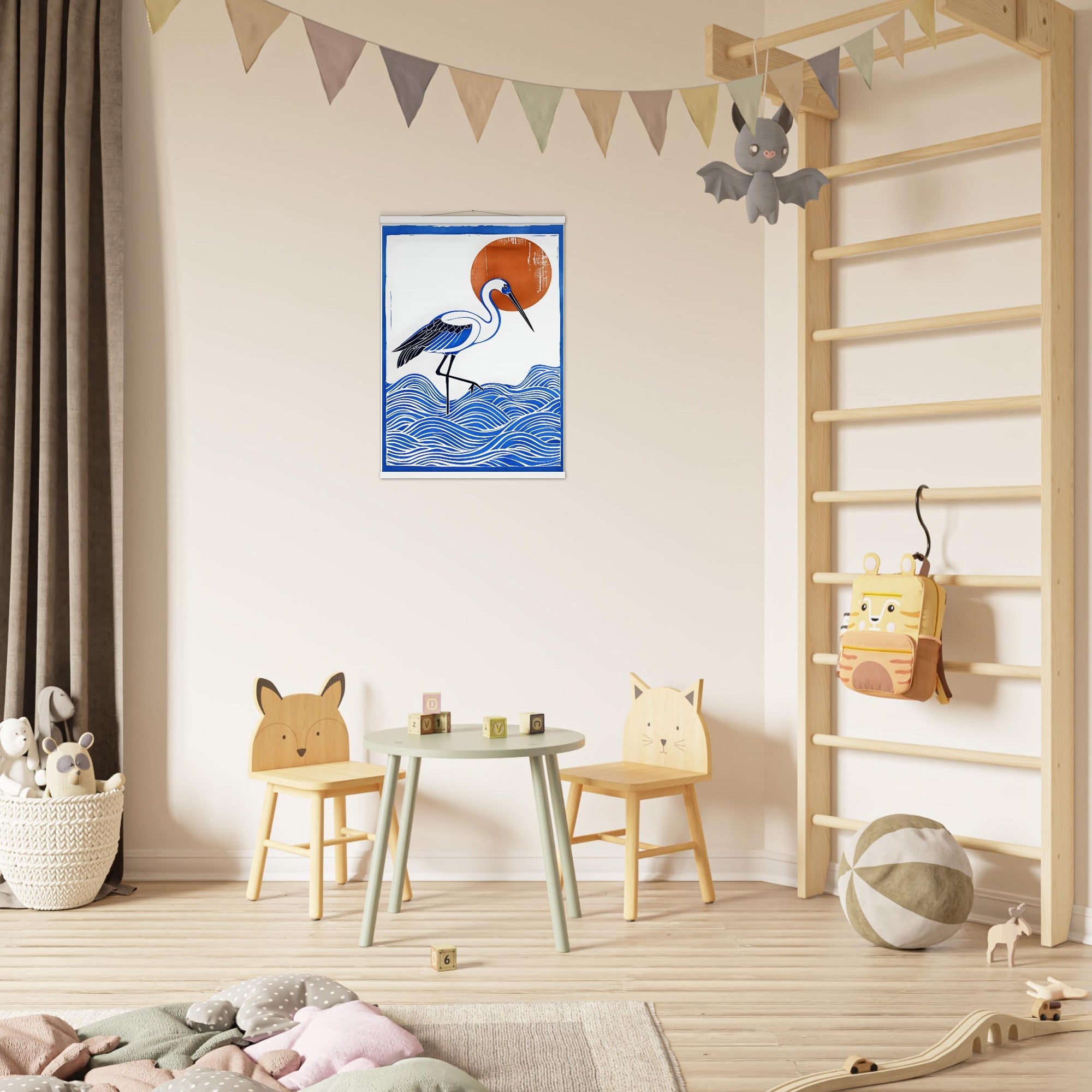 Minimalist Crane Wall Art Poster with Hanger - Japanese Ocean Prints - Modern Home Decor