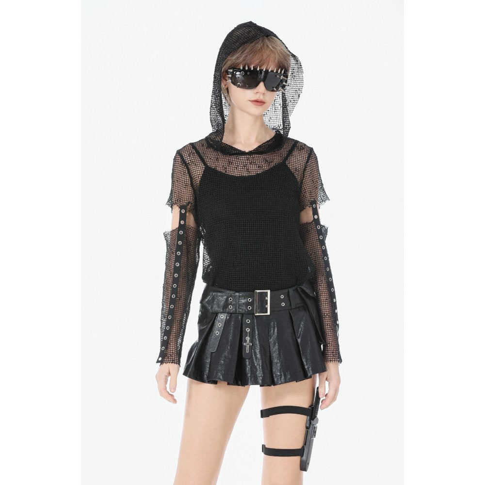 Dark in Love Punk Mesh Hollow-Out Hooded Top – Black Gothic Layer