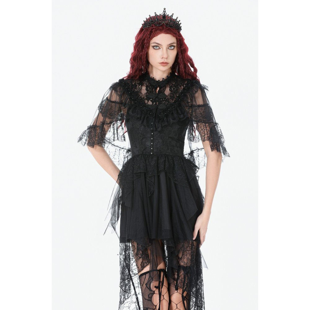 Dark in Love Morwenna Gothic Black Lace Ruffle Capelet with High Collar