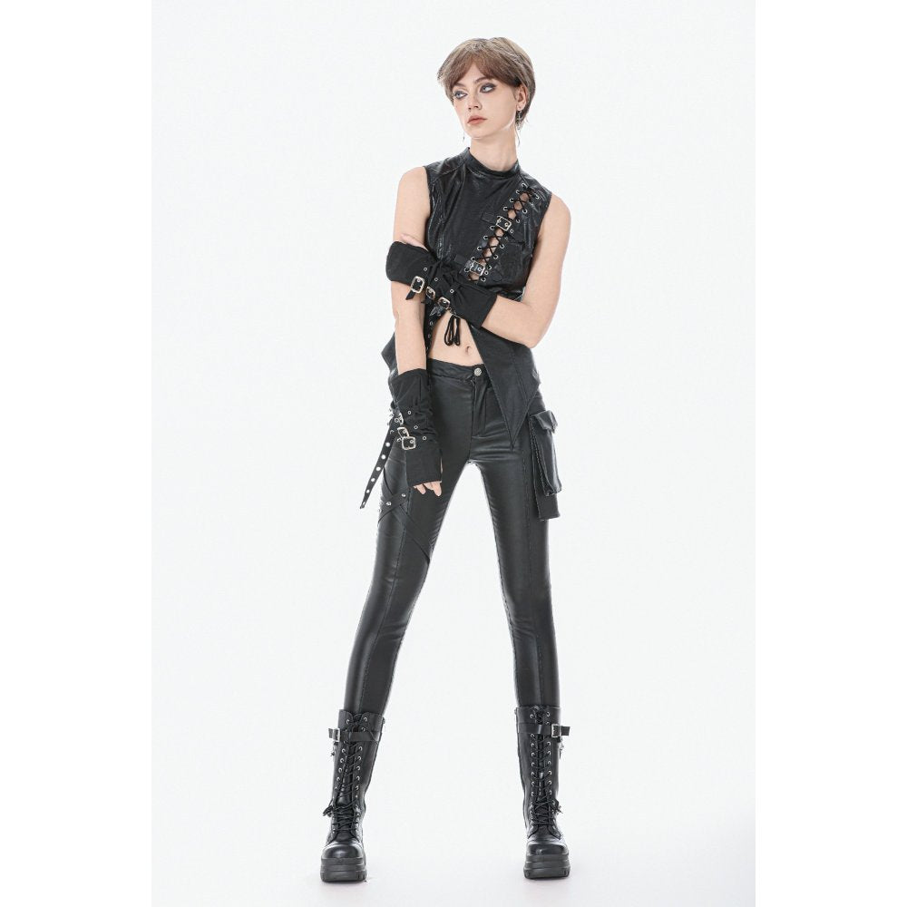 Dark in Love Black Distressed Leather-Look Lace-Up Punk Vest Top
