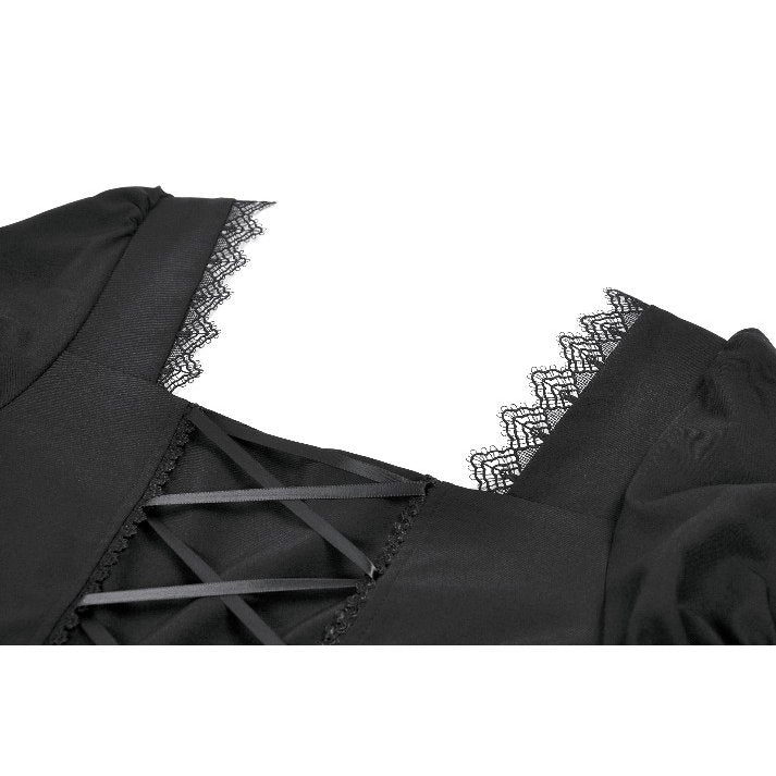 Dark in Love Gothic Lace Square-Neck Puff Sleeve Dress – Black