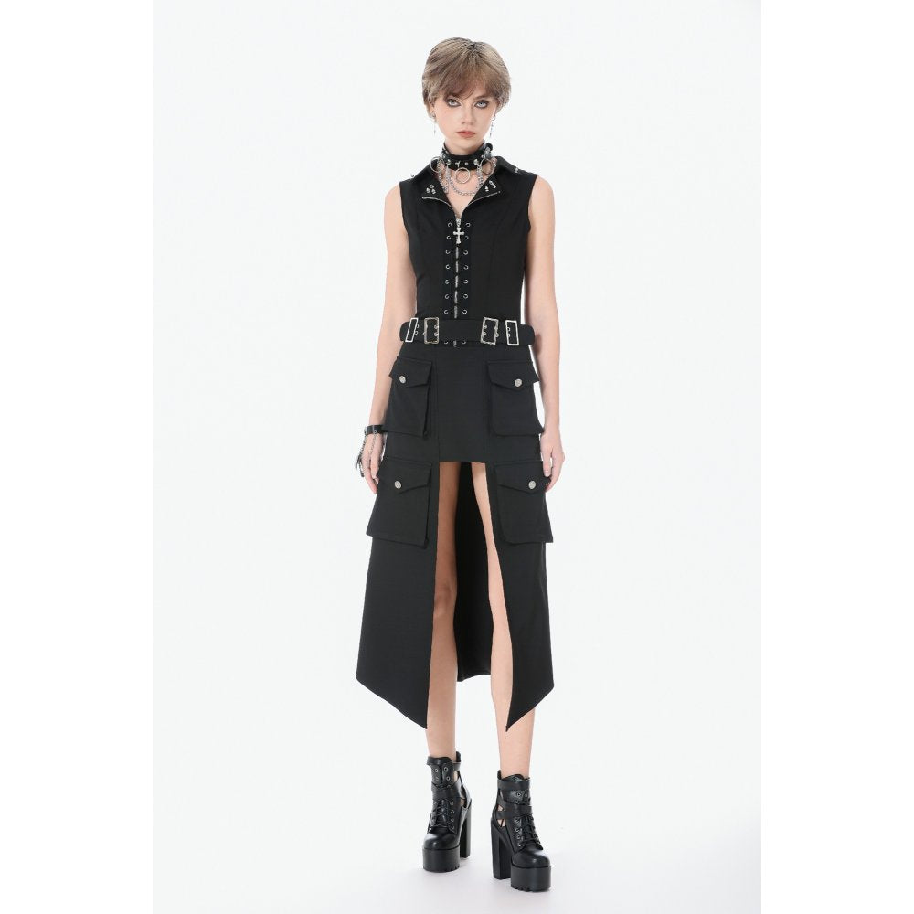 Dark in Love Black Punk Long Skirt – Layered Cutout Belted Gothic Skirt