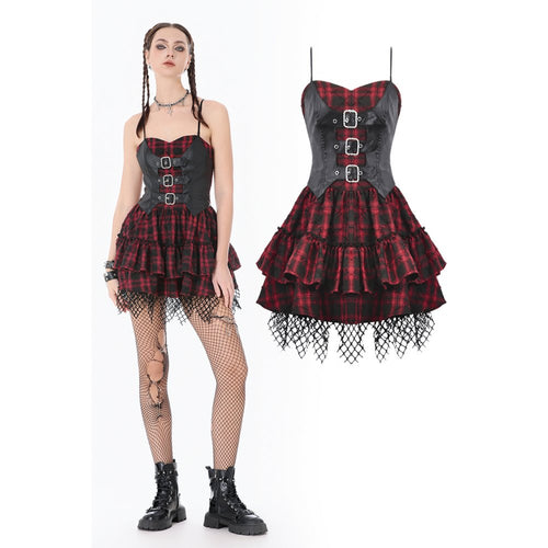 Dark in Love Red Plaid & Faux Leather Layered Punk Sweetcore Dress