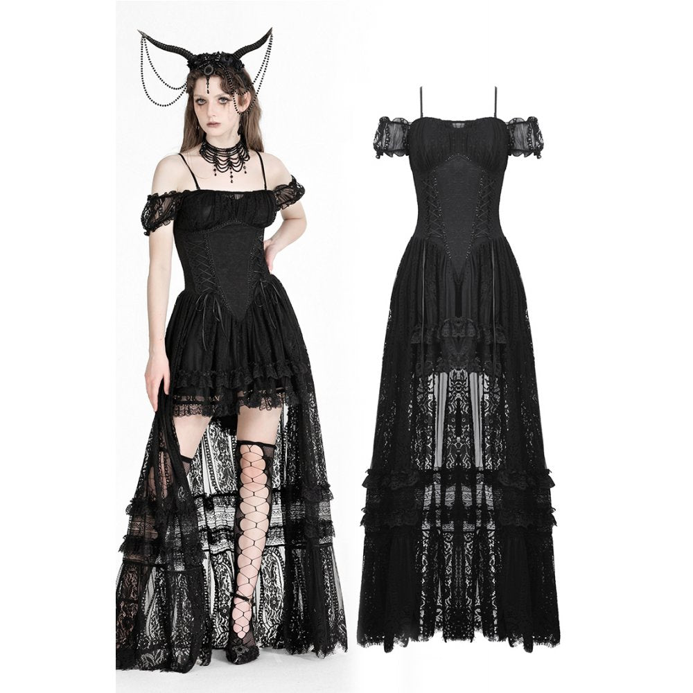 Dark in Love Kelilah Gothic Lace Hi-Low Dress with Off-Shoulder Sleeves