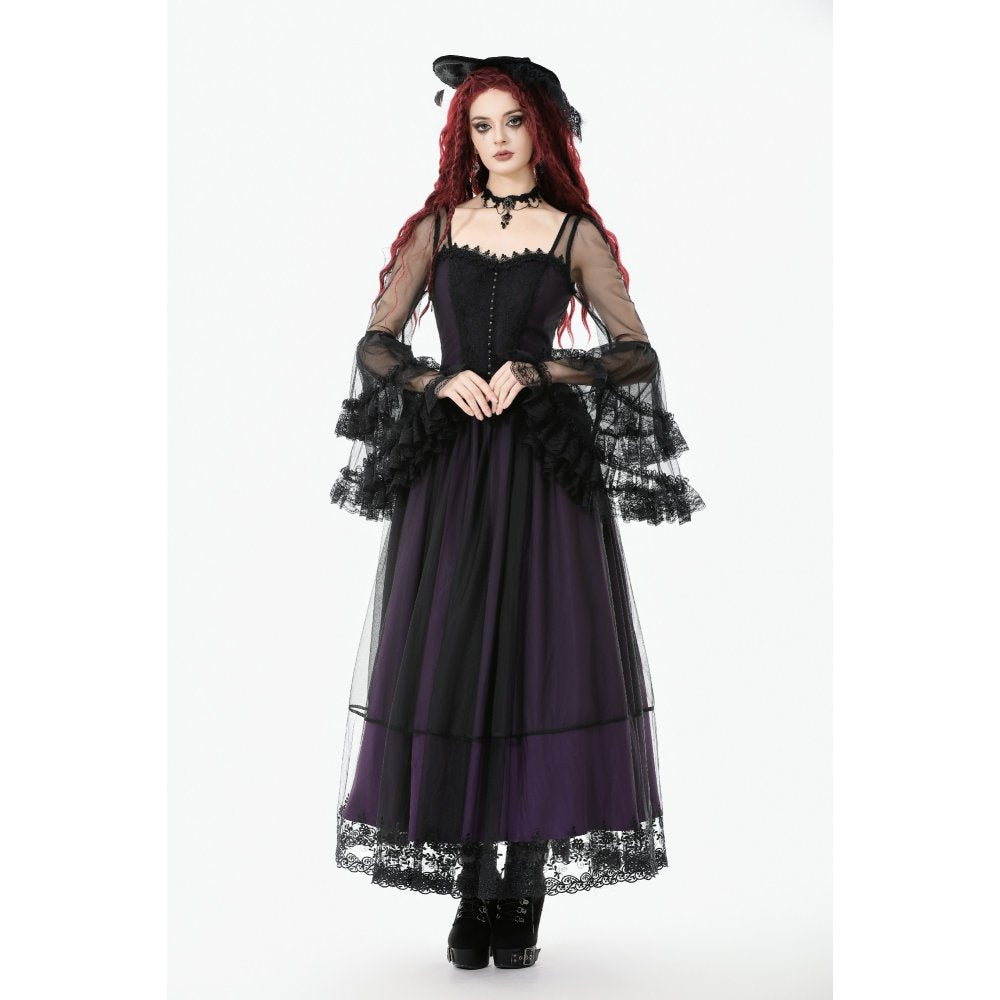 Dark in Love Lilith Gothic Maxi Dress – Black & Plum Bell Sleeve