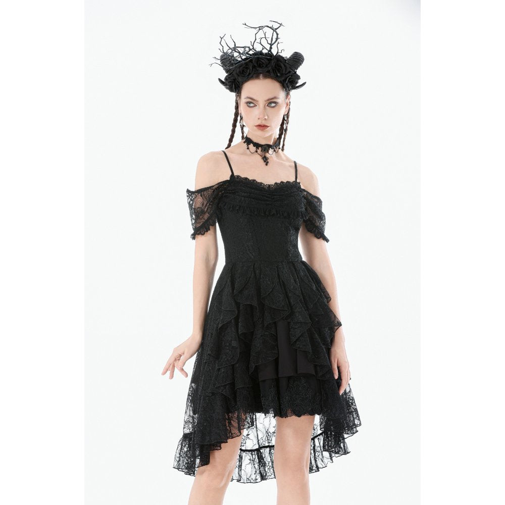 Dark in Love Gothic Lace High-Low Dress – Black Off-Shoulder Gown