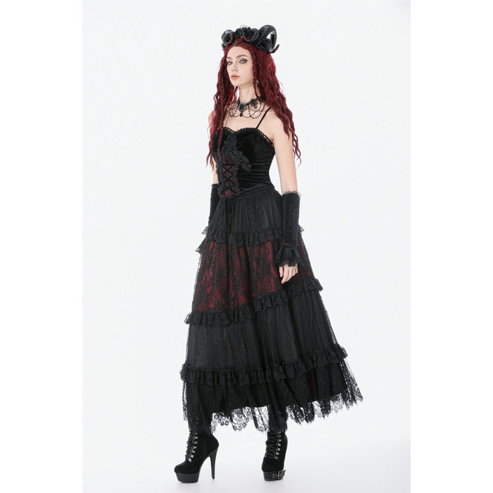 Dark in Love Spliced Lace Maxi Skirt – Gothic Black and Red Layered
