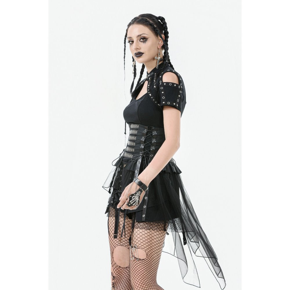 Dark in Love Draven Faux Leather & Mesh Layered Gothic Waist Skirt