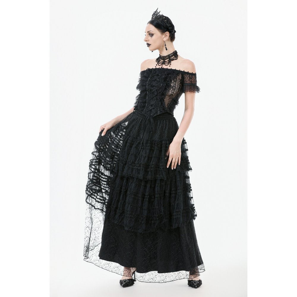 Dark in Love Morticia Gothic Velvet & Lace Tiered Skirt in Black