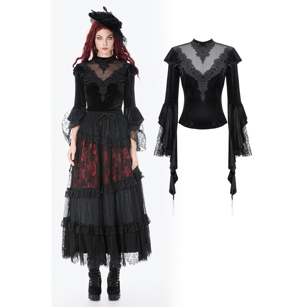 Dark in Love Gothic Velvet Lace High-Neck Top – Victorian Style