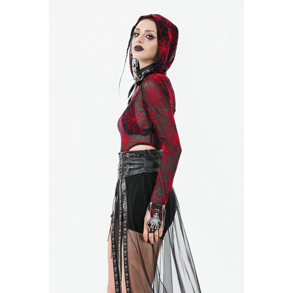 Dark in Love Gothic Sheer Mesh Maxi Skirt with PU Corset Belt - Black