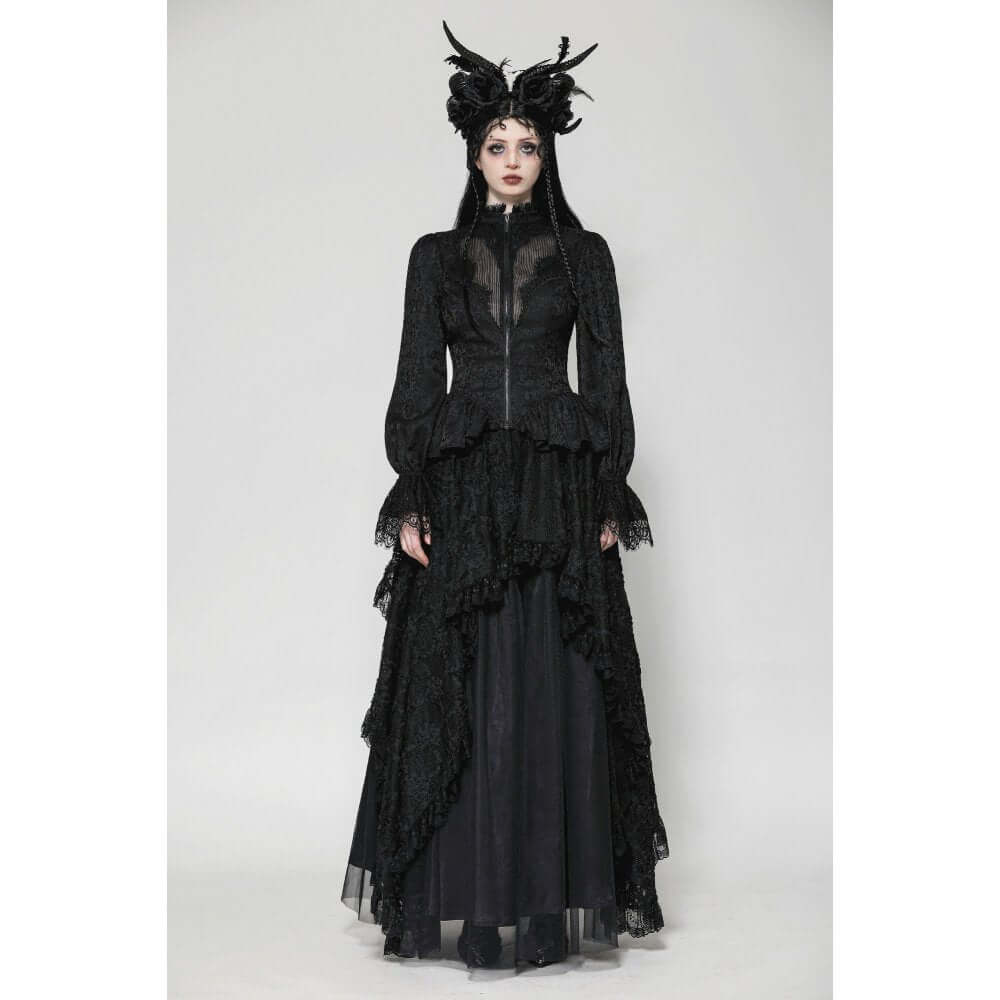 Dark in Love Felicity Gothic Lace Zip Up Tailcoat Shirt – Black
