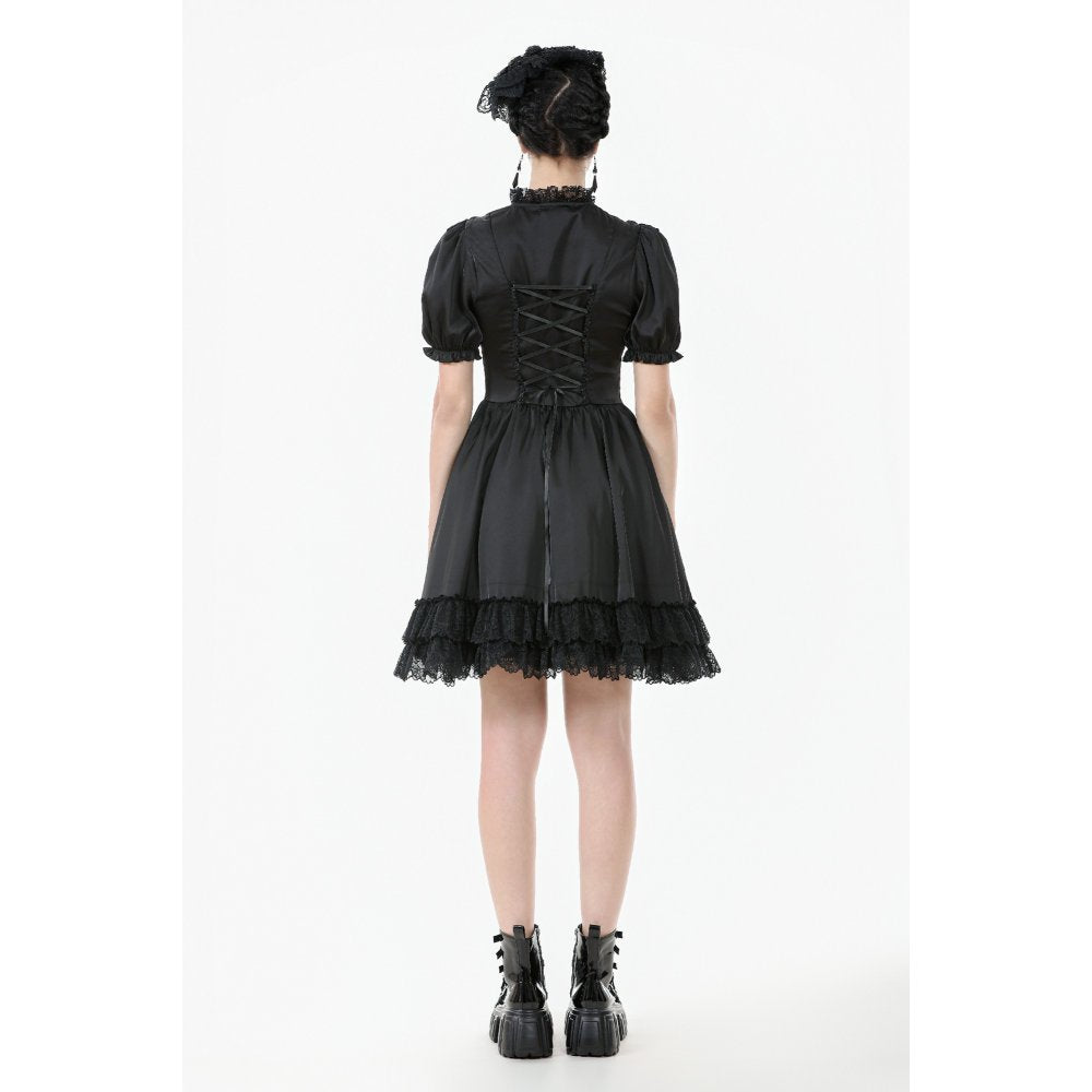 Dark in Love Belladonna Goth Dress – Black Lace-Up Puff Sleeve