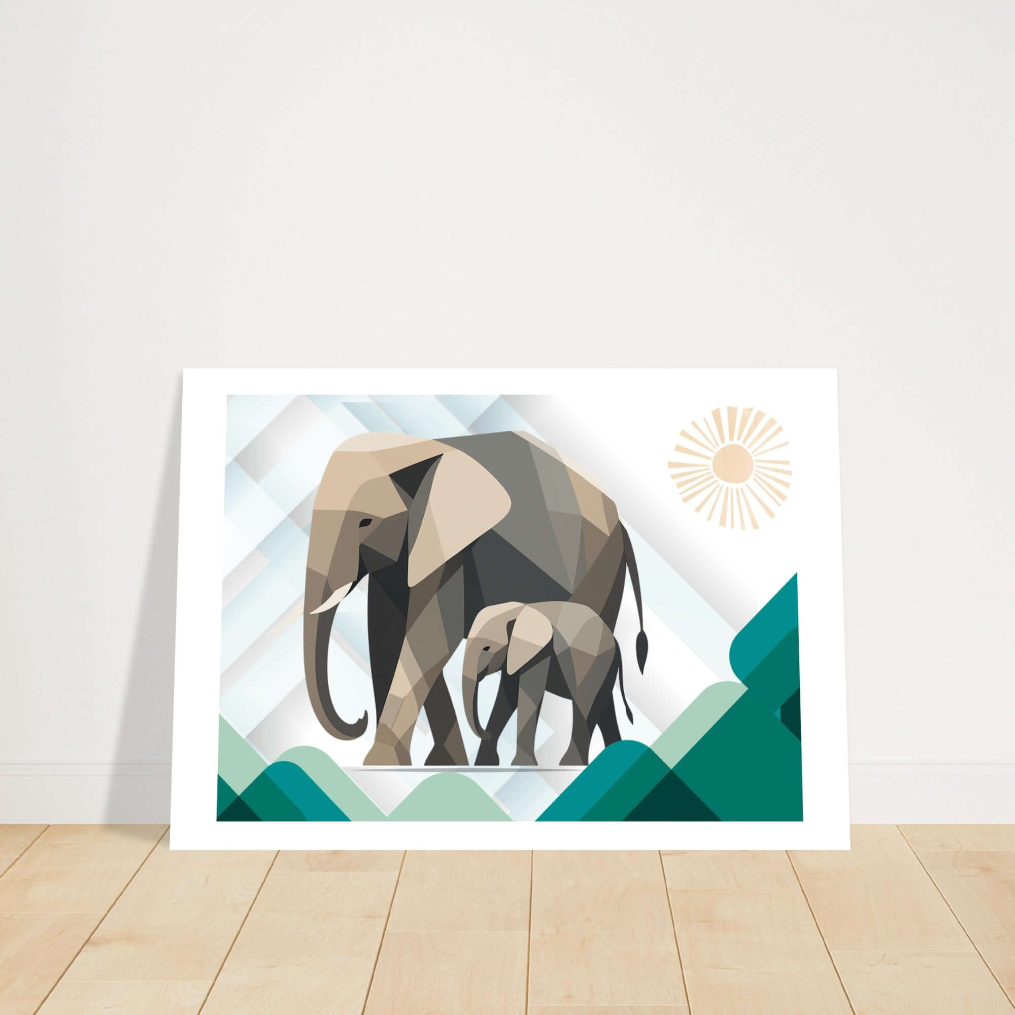 Elephant Duo Wall Art - Neutral Geometric Wildlife Illustration - Eco-Friendly Poster