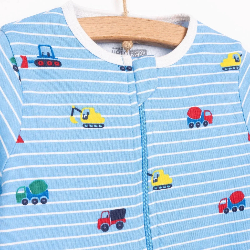 HelloBaby Boys Footed Romper Vehicles Zip-up Crew Neck Long Leg Long Sleeve - Blue