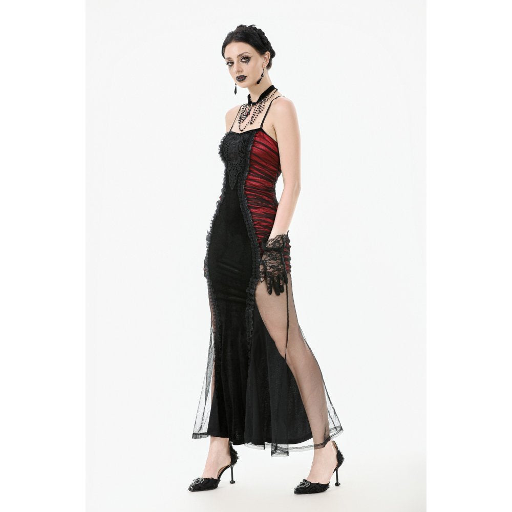 Dark in Love Lilith Goth Gown – Red & Black Velvet Mesh Panel Dress