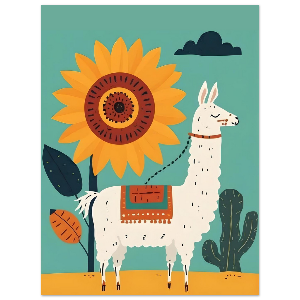 Whimsical Llama Folk Art Poster - Boho Wall Decor - Modern Mid-Century Colors