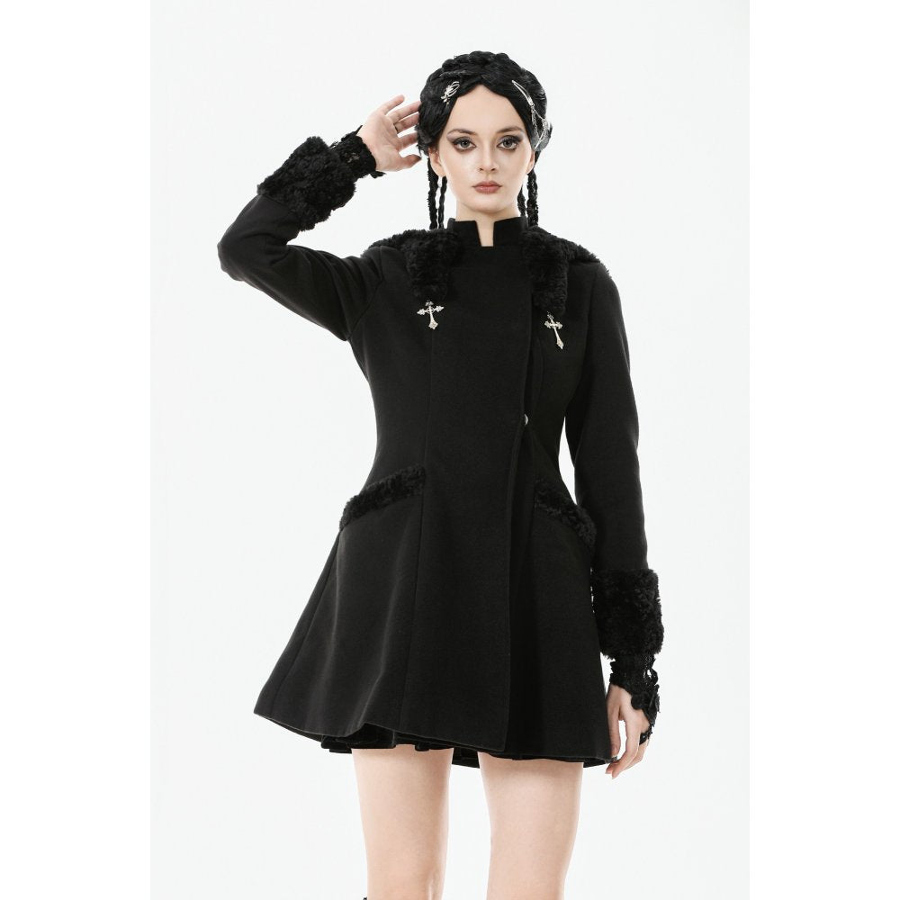 Dark in Love Cat-Ear Faux Fur Trim Gothic A-Line Skater Coat