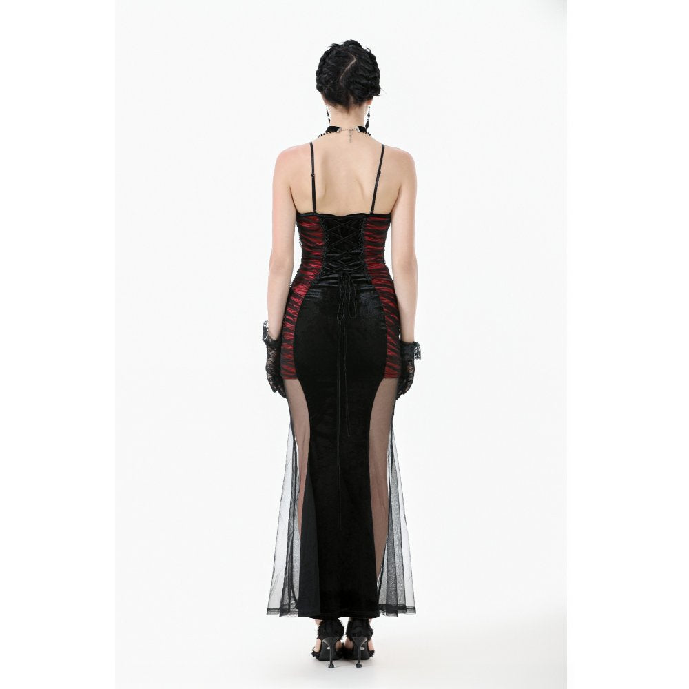 Dark in Love Lilith Goth Gown – Red & Black Velvet Mesh Panel Dress