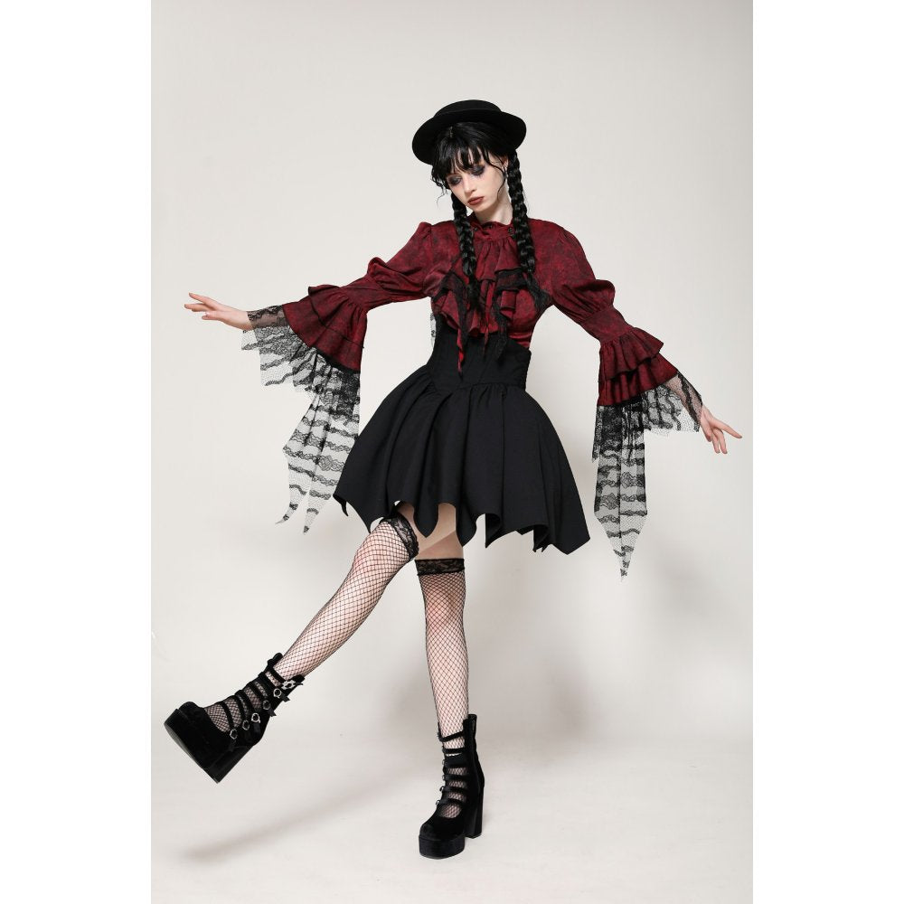 Dark in Love Vampiretta Red Distressed Frilly Blouse with Lace
