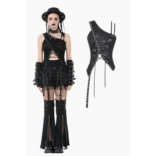 Dark in Love Morrigan One-Shoulder Lace Goth Top – Black Floral Burnout