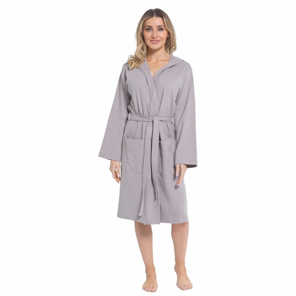 OLIVIA ROCCO Women's Hooded Cotton Bathrobe – Grey Waffle Dressing Gown