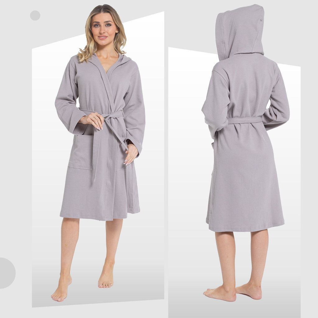 OLIVIA ROCCO Women's Hooded Cotton Bathrobe – Grey Waffle Dressing Gown