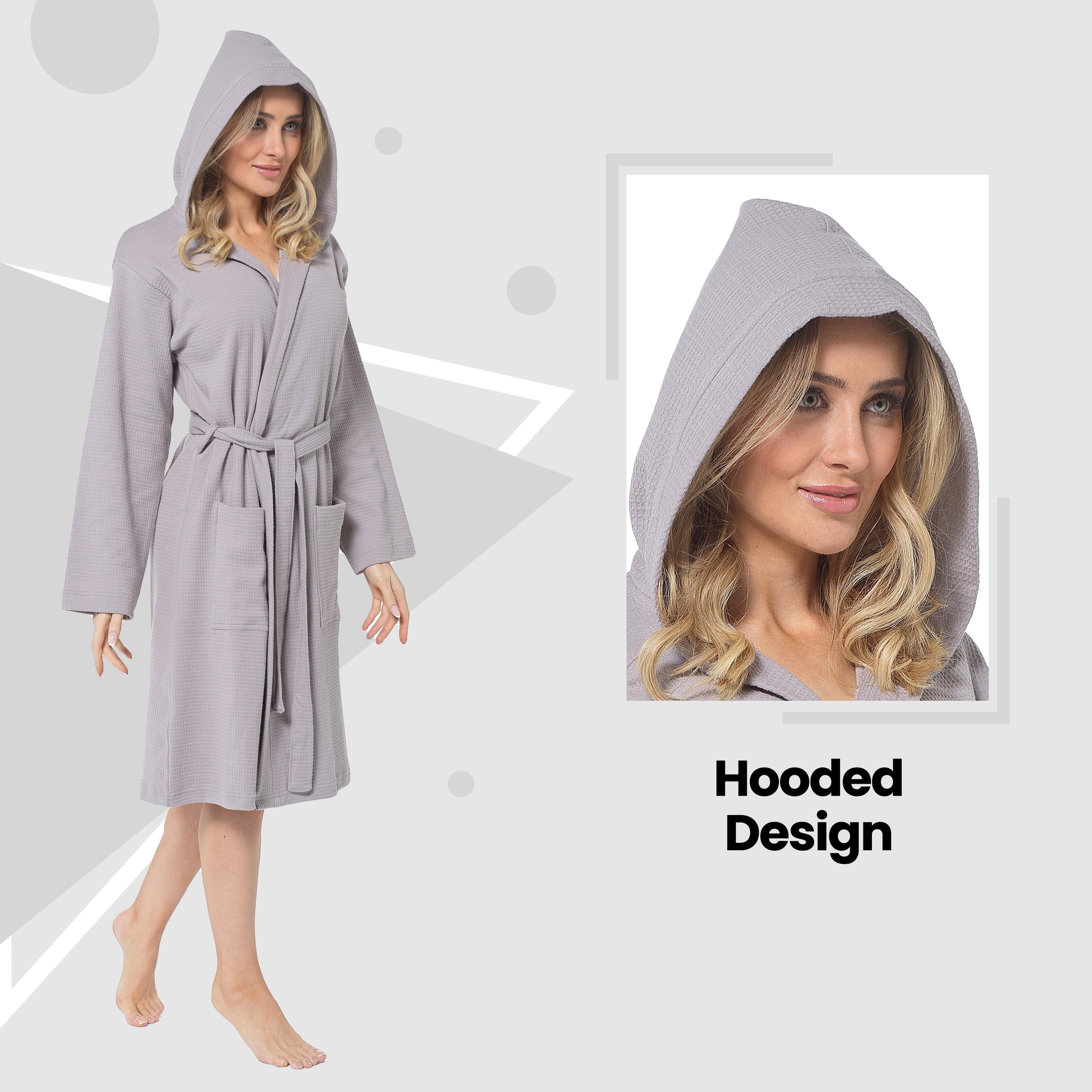 OLIVIA ROCCO Women's Hooded Cotton Bathrobe – Grey Waffle Dressing Gown