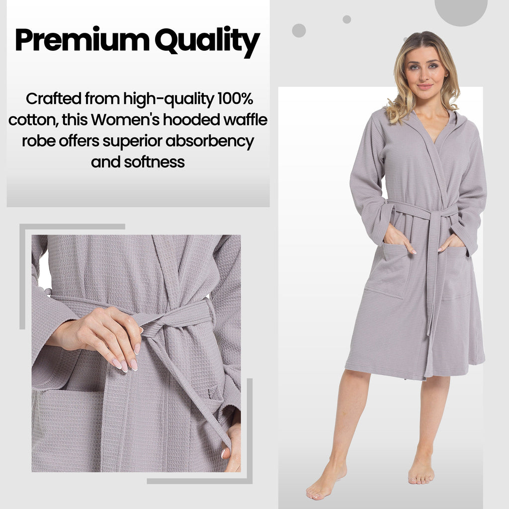 OLIVIA ROCCO Women's Hooded Cotton Bathrobe – Grey Waffle Dressing Gown