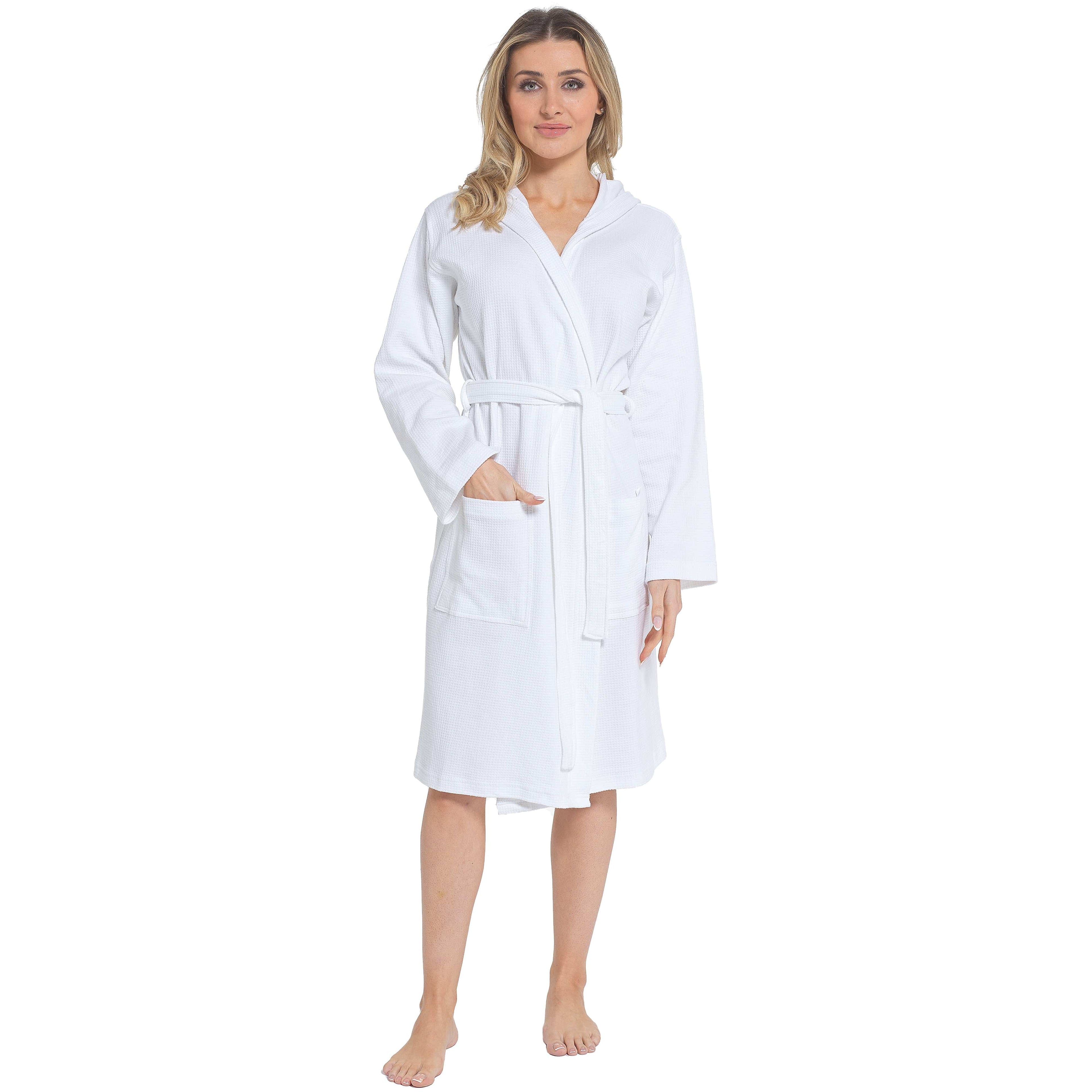 OLIVIA ROCCO Women's Hooded Waffle Cotton Bathrobe – White Spa Robe