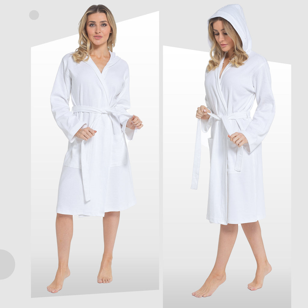 OLIVIA ROCCO Women's Hooded Waffle Cotton Bathrobe – White Spa Robe