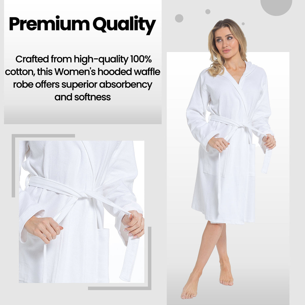 OLIVIA ROCCO Women's Hooded Waffle Cotton Bathrobe – White Spa Robe