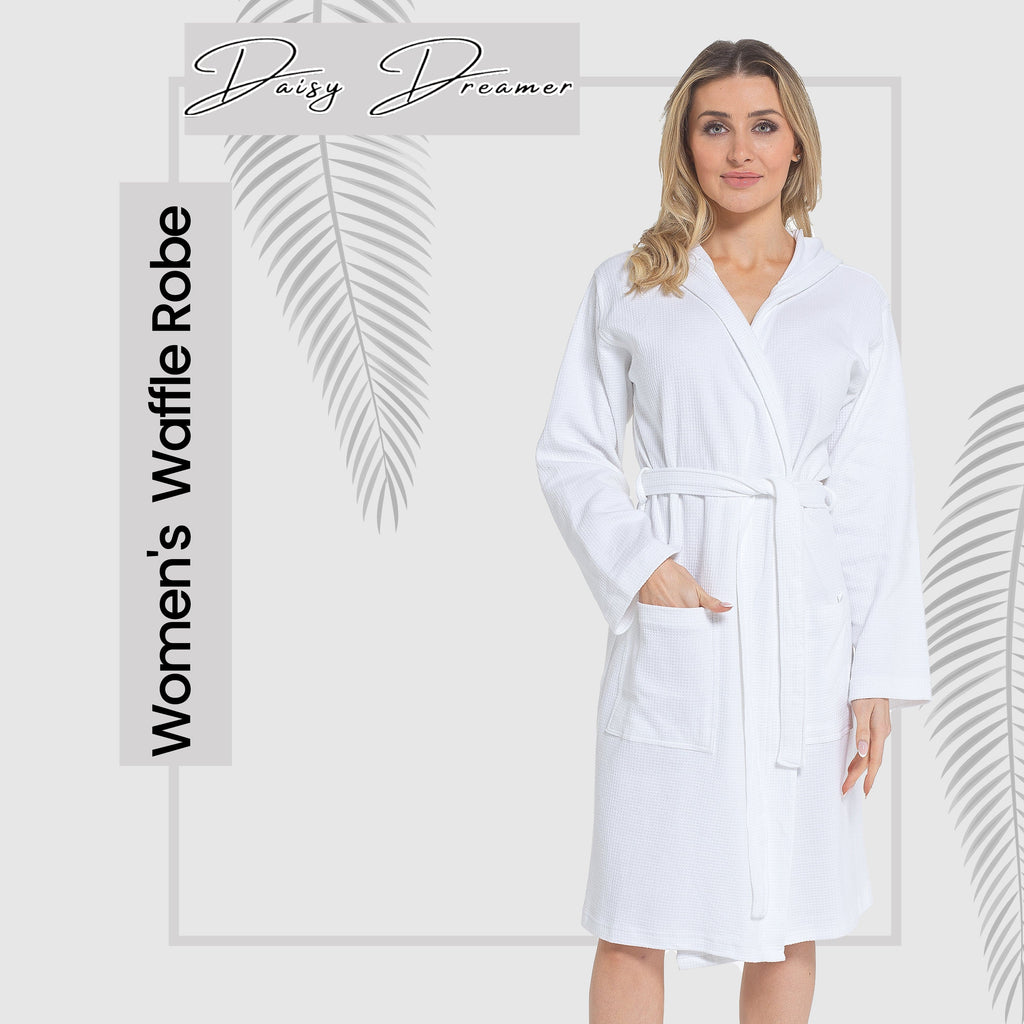 OLIVIA ROCCO Women's Hooded Waffle Cotton Bathrobe – White Spa Robe